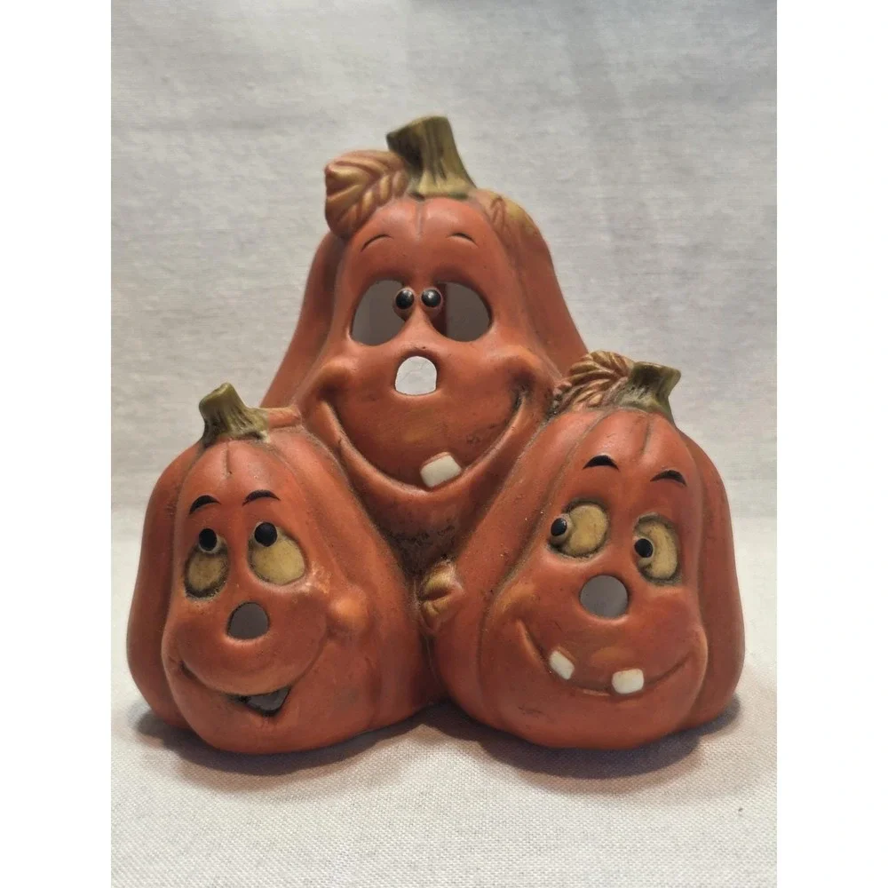 Vintage Halloween Ceramic Stacked Pumpkin Trio Tea Light Holder Jack-O-Lantern